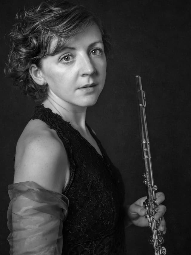 Fiona with flute close up black and white